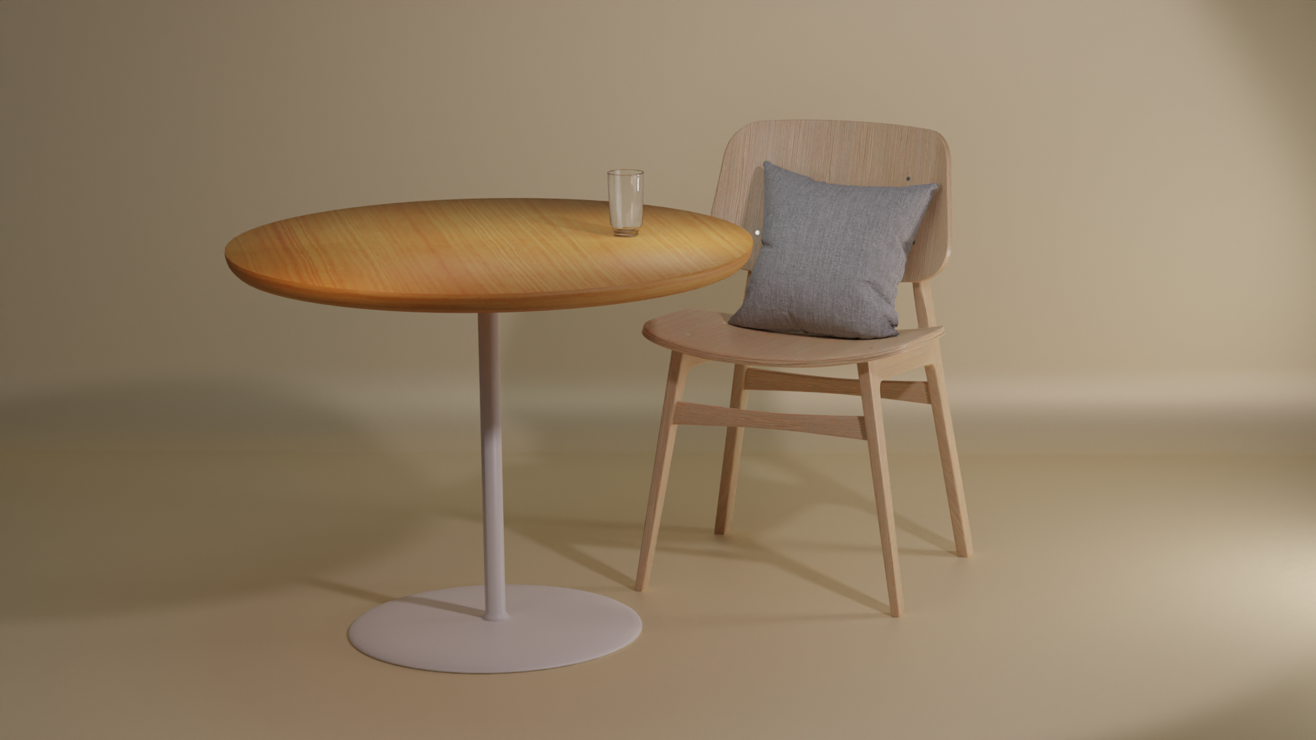 3D Rendered Chair, Glass, and Pillow